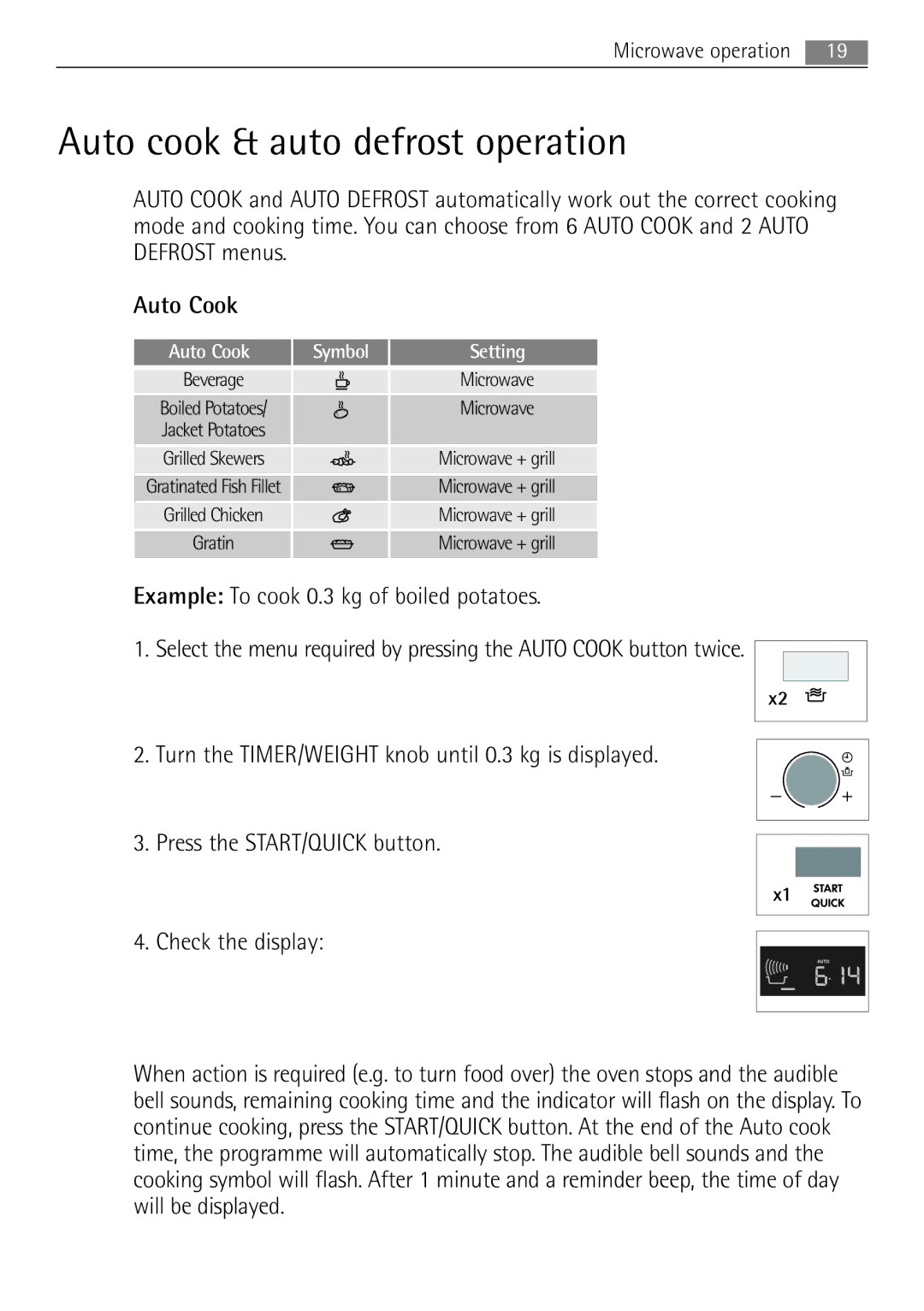 AEG MCD2662E Auto cook & auto defrost operation, Example To cook 0.3 kg of boiled potatoes, Auto Cook Symbol Setting 