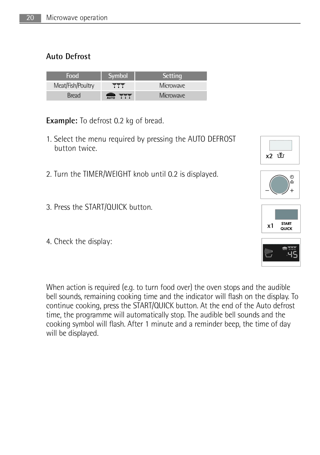 AEG MCD2662E user manual Auto Defrost, Food Symbol Setting 