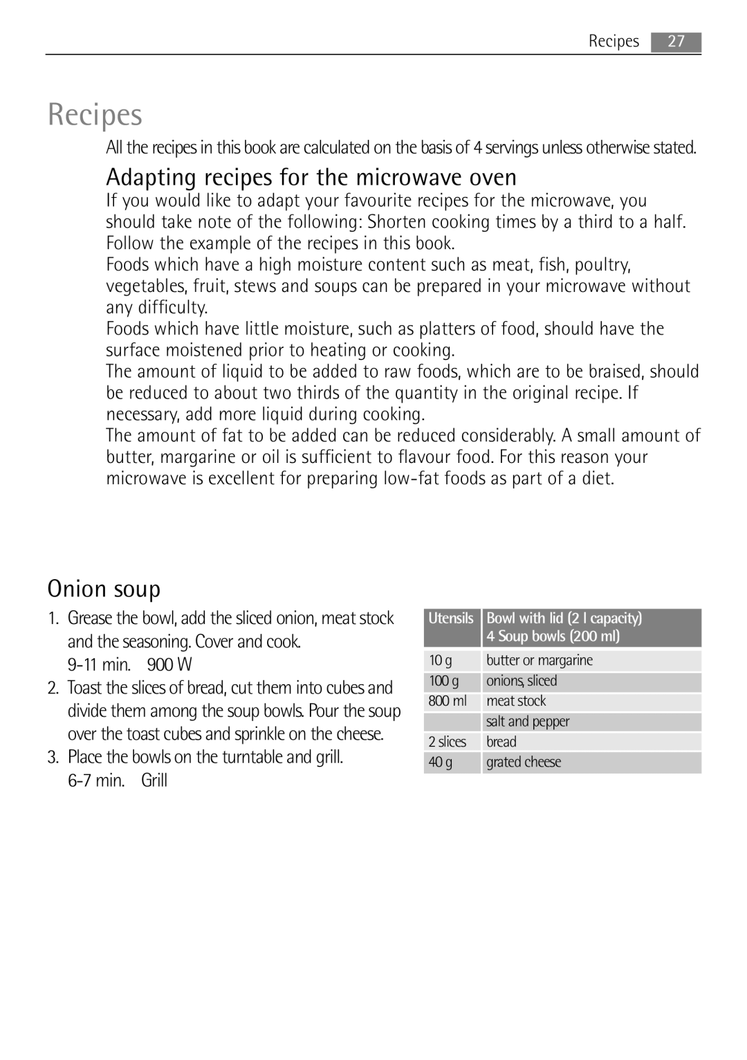 AEG MCD2662E user manual Recipes, Adapting recipes for the microwave oven, Onion soup, Min W 