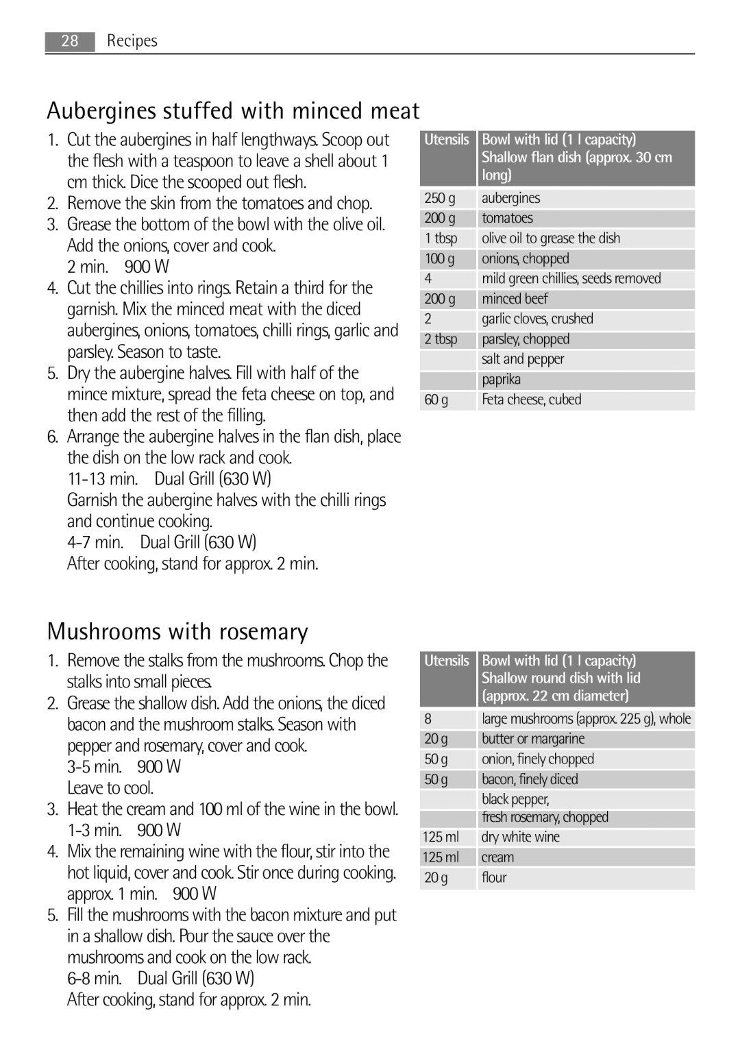 AEG MCD2662E user manual Aubergines stuffed with minced meat, Mushrooms with rosemary 