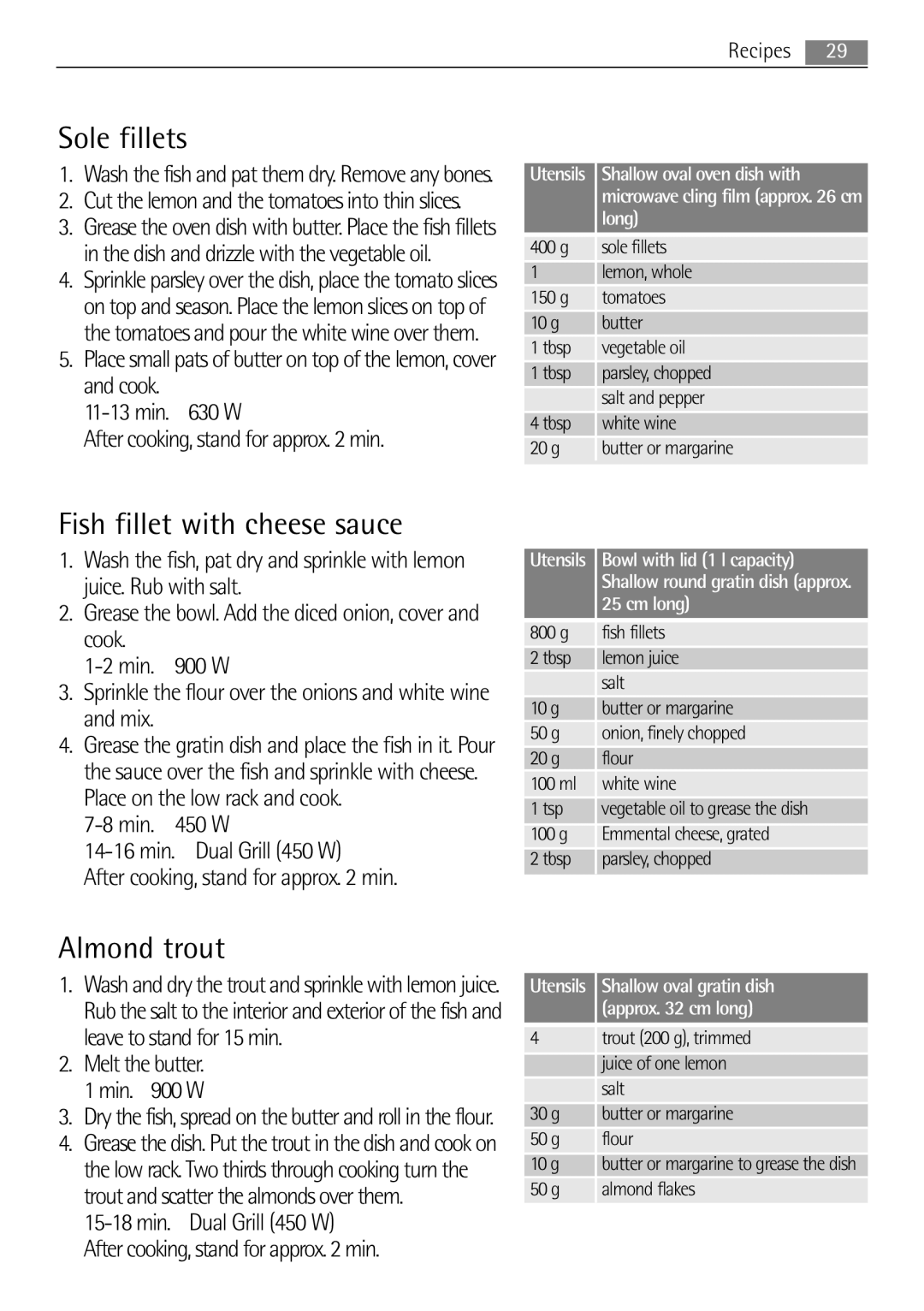 AEG MCD2662E user manual Sole fillets, Fish fillet with cheese sauce, Almond trout, Melt the butter Min W 