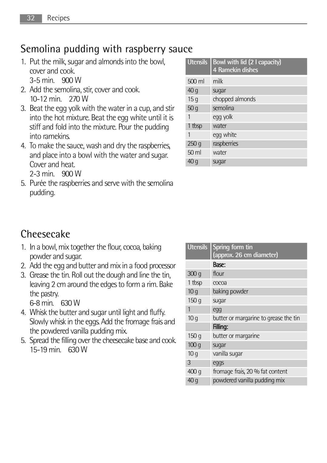 AEG MCD2662E user manual Semolina pudding with raspberry sauce, Cheesecake, Ramekin dishes 