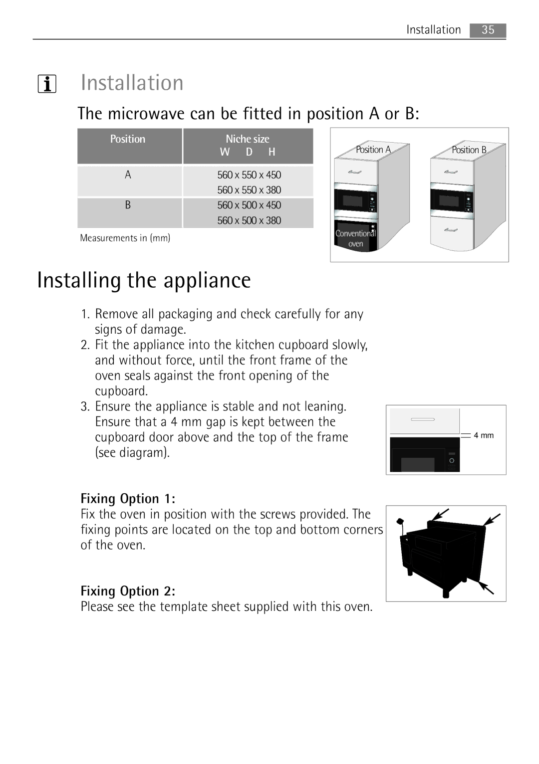 AEG MCD2662E Installation, Installing the appliance, Microwave can be fitted in position a or B, Position Niche size 