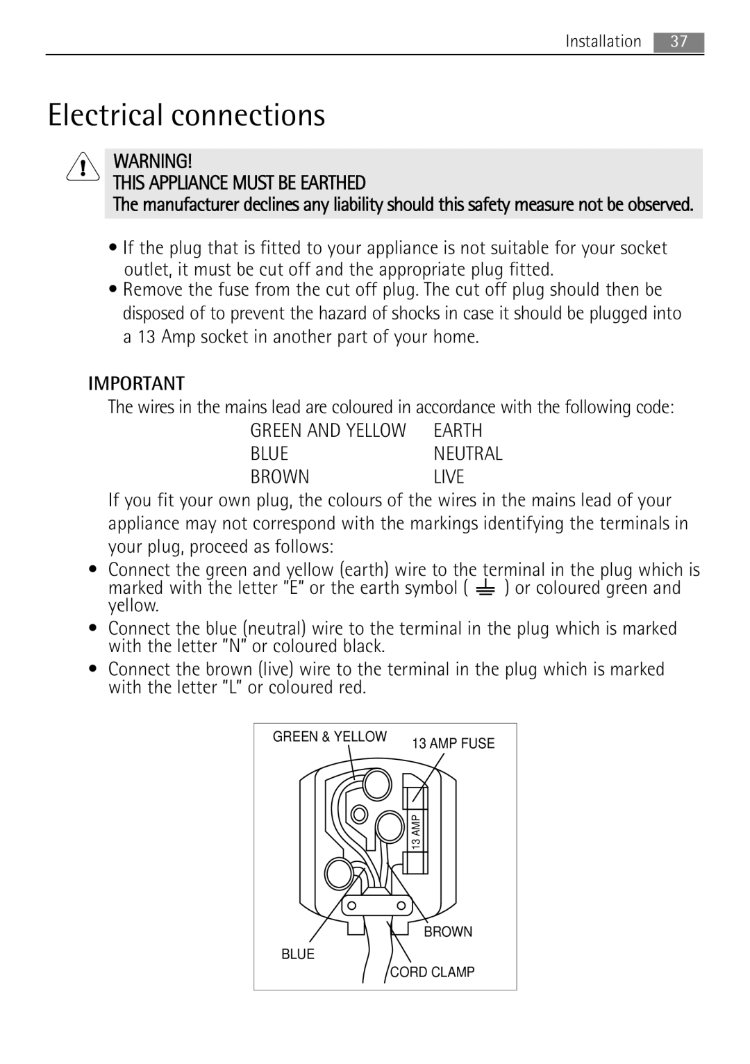 AEG MCD2662E user manual Electrical connections, This Appliance Must be Earthed 