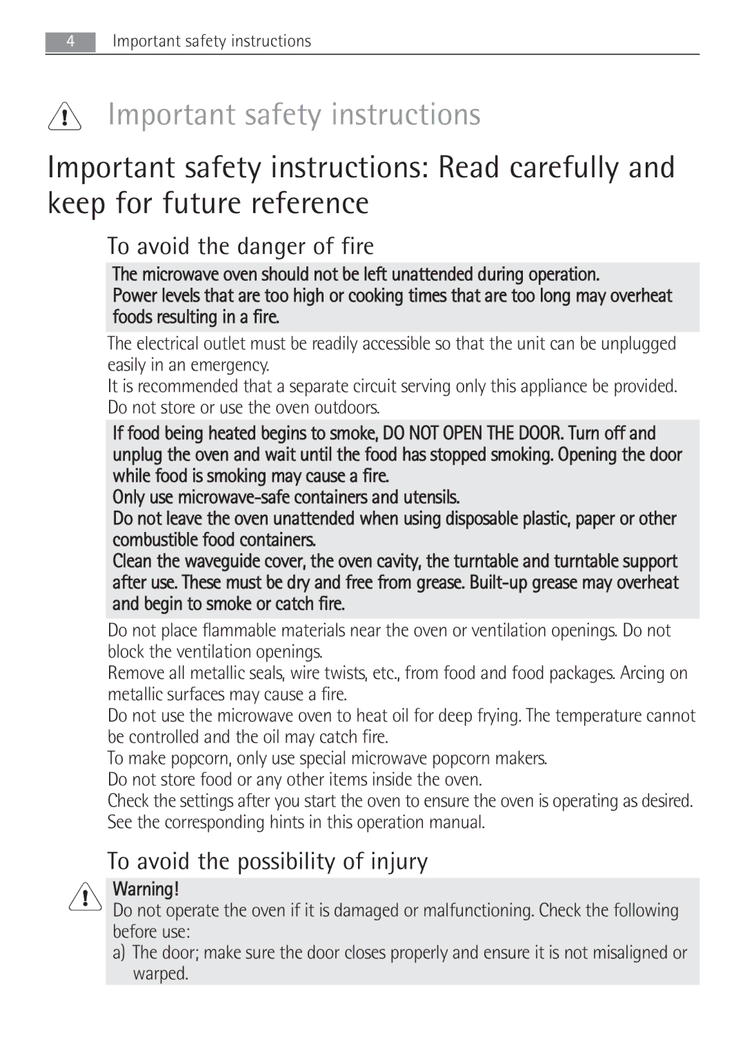 AEG MCD2662E user manual Important safety instructions, To avoid the danger of fire, To avoid the possibility of injury 