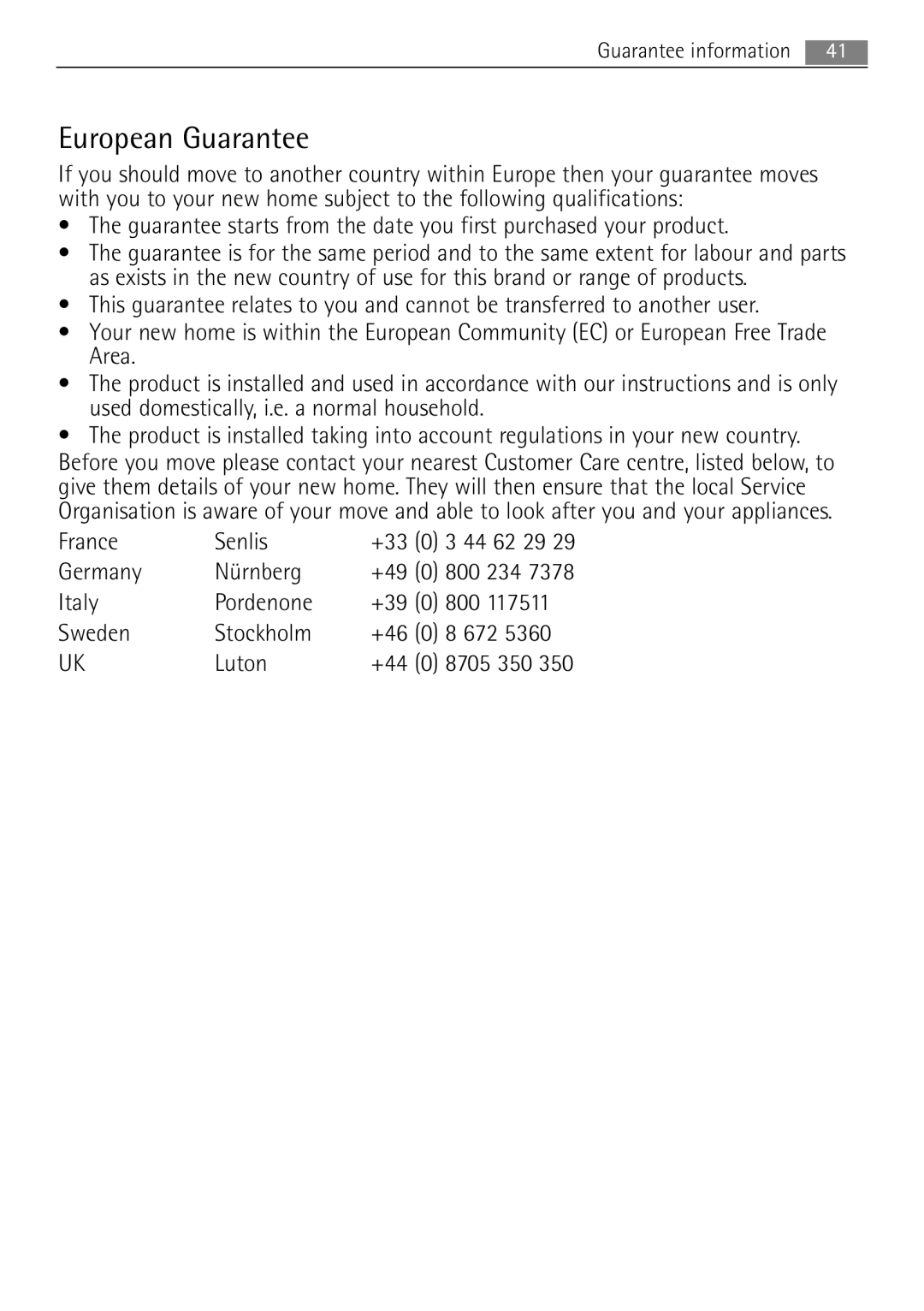 AEG MCD2662E user manual European Guarantee, France Senlis +33, Germany Nürnberg +49, Guarantee information 