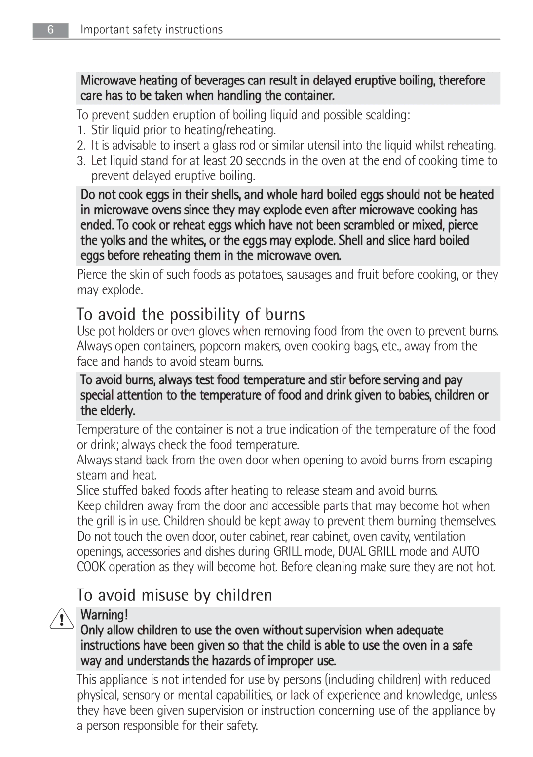 AEG MCD2662E user manual To avoid the possibility of burns, To avoid misuse by children 