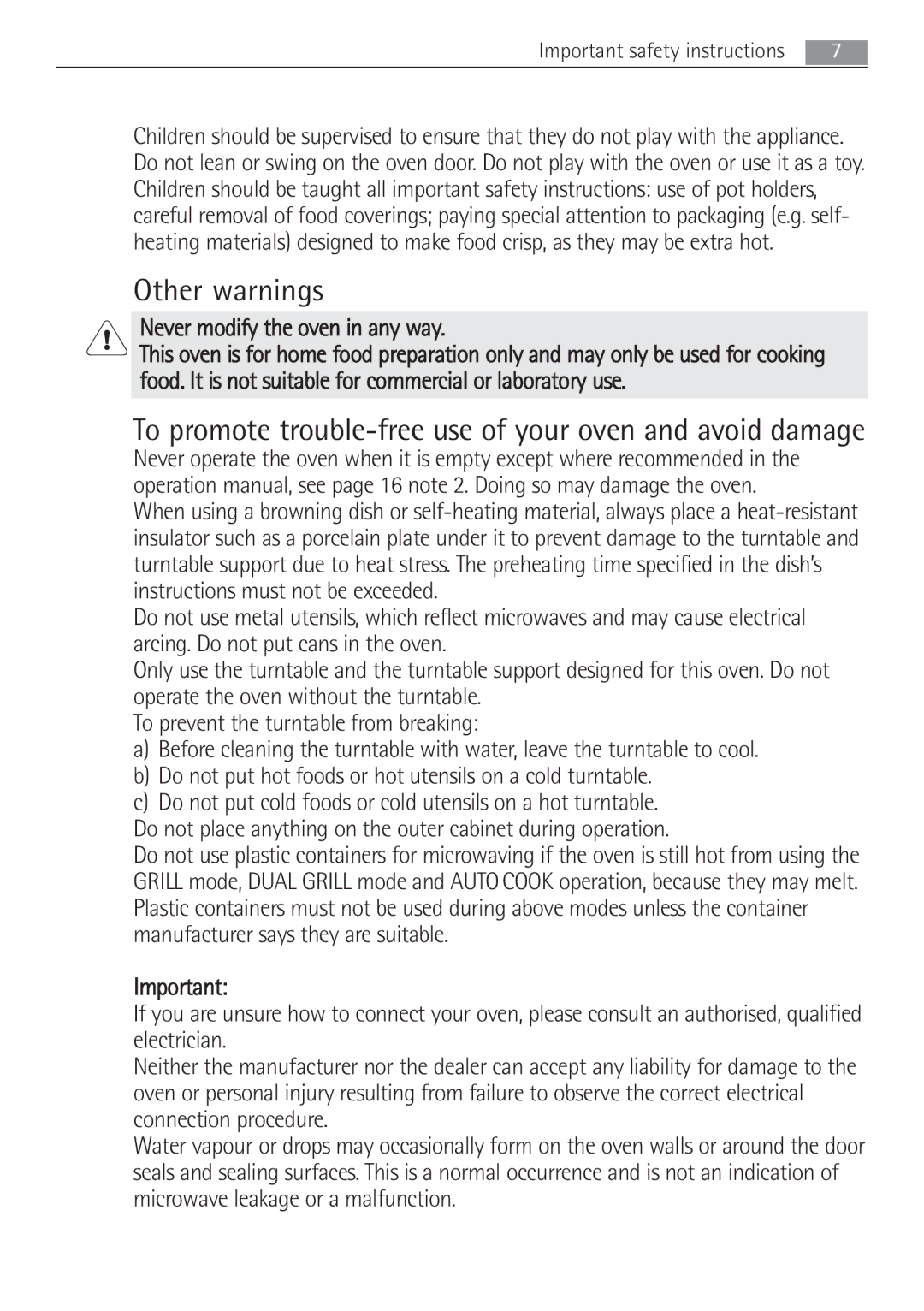 AEG MCD2662E user manual Other warnings, Never modify the oven in any way 