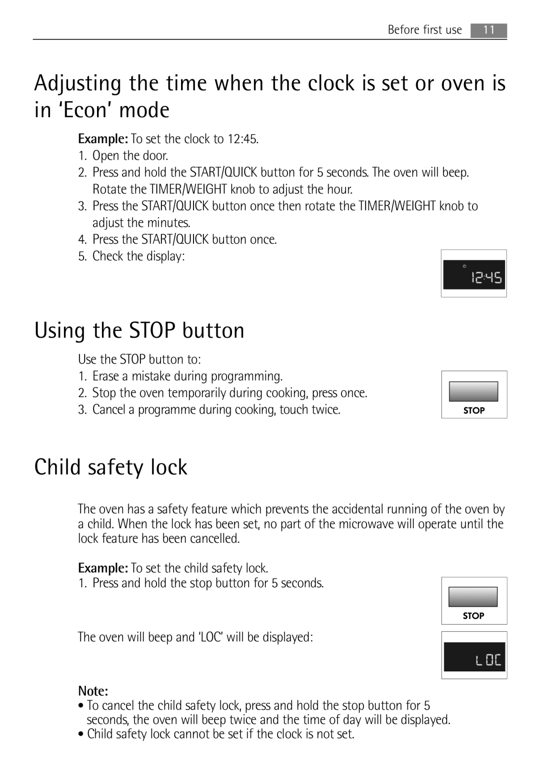 AEG MCD2662E user manual Using the STOP button, Child safety lock 