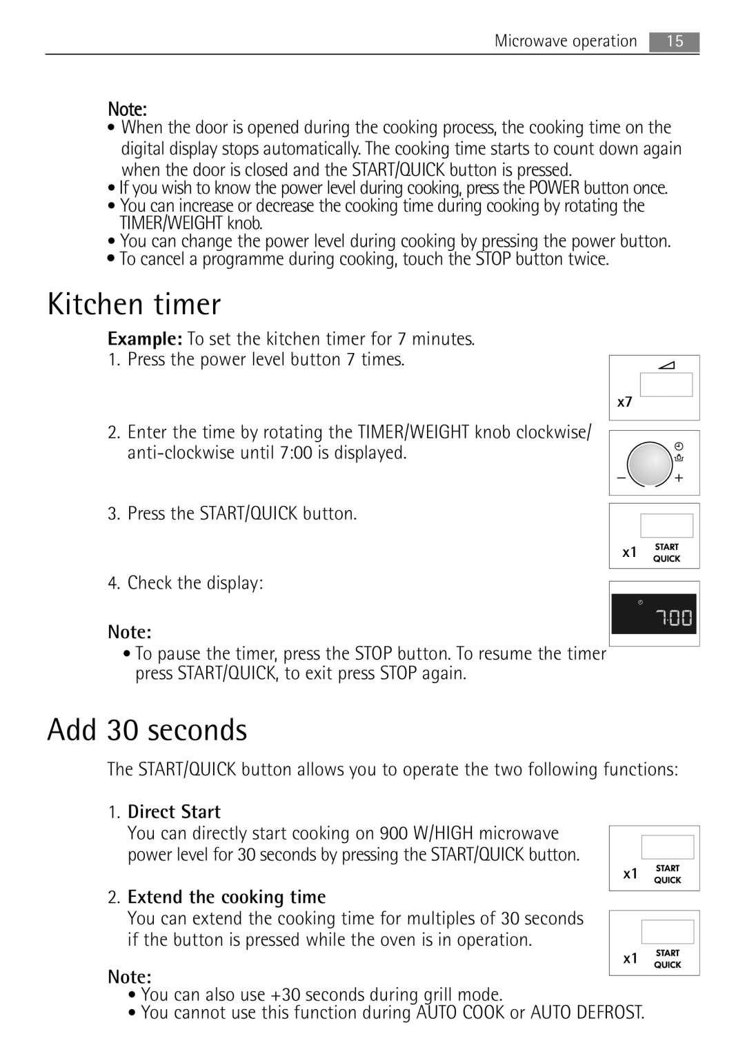 AEG MCD2662E user manual Kitchen timer, Add 30 seconds, Direct Start, Extend the cooking time 