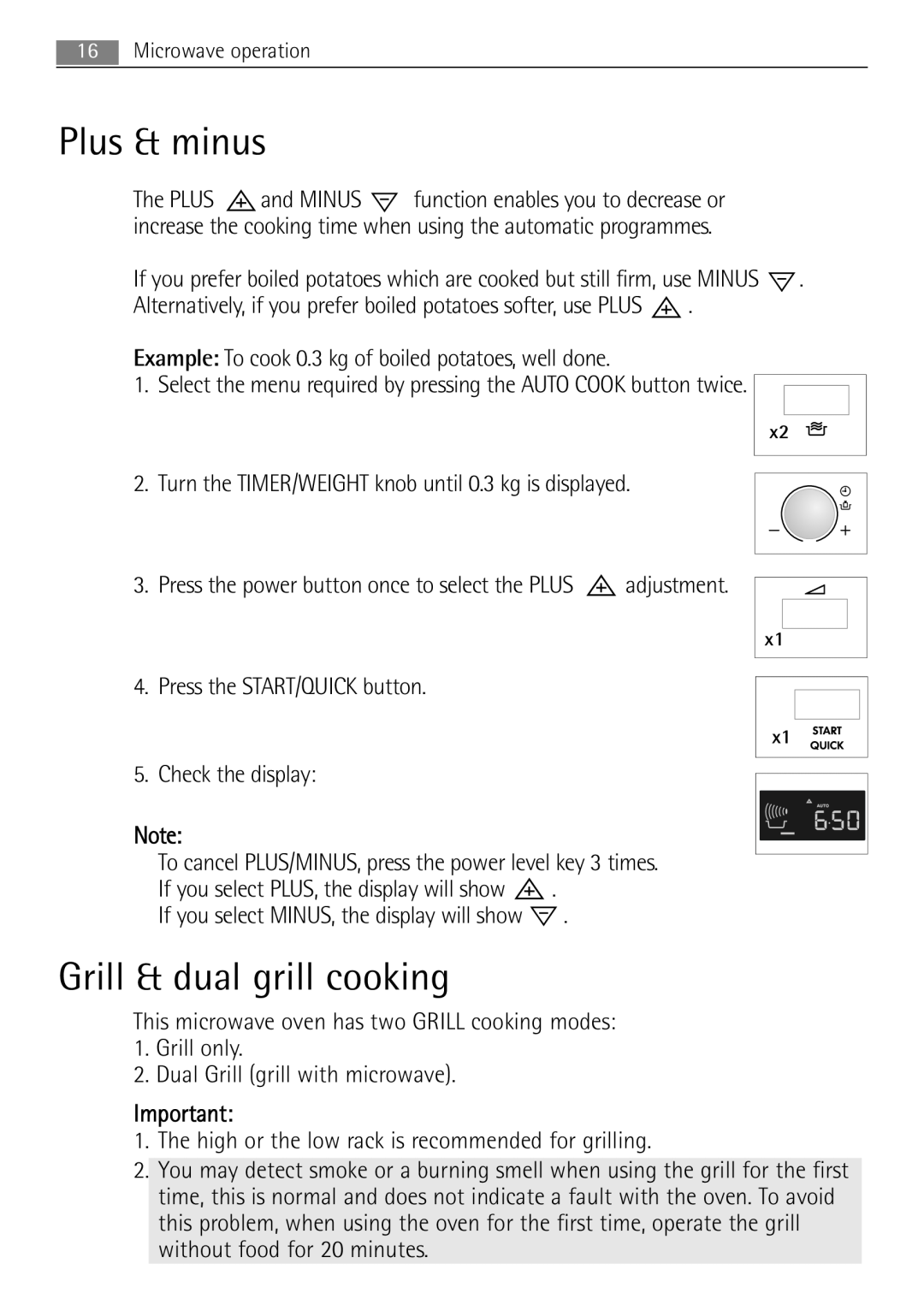 AEG MCD2662E user manual Plus & minus, Grill & dual grill cooking 