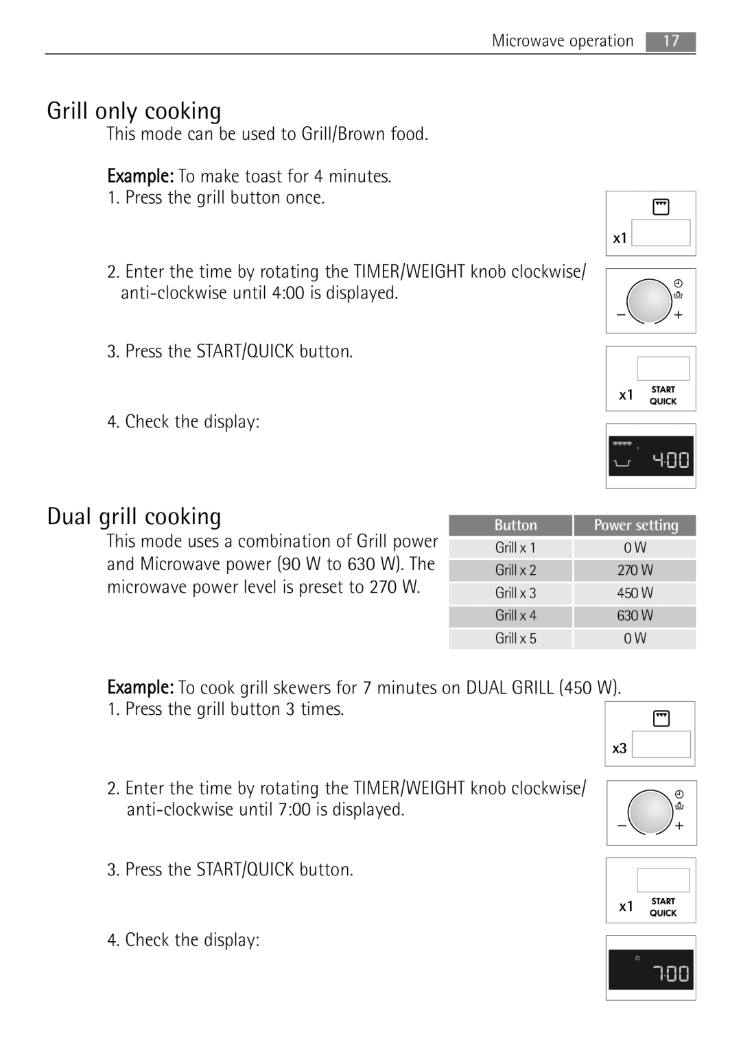 AEG MCD2662E user manual Grill only cooking, Dual grill cooking 