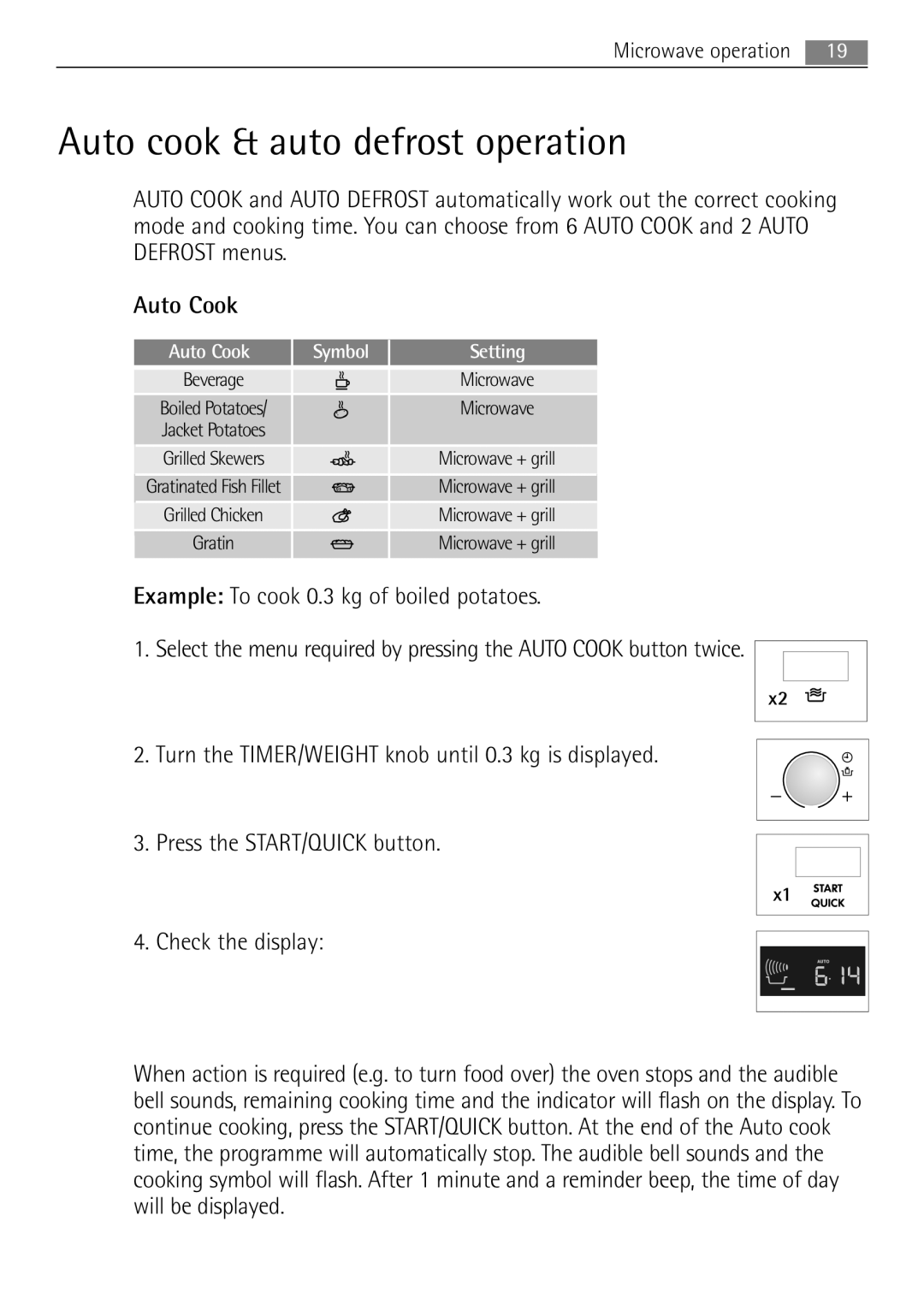 AEG MCD2662E user manual Auto cook & auto defrost operation, Auto Cook 