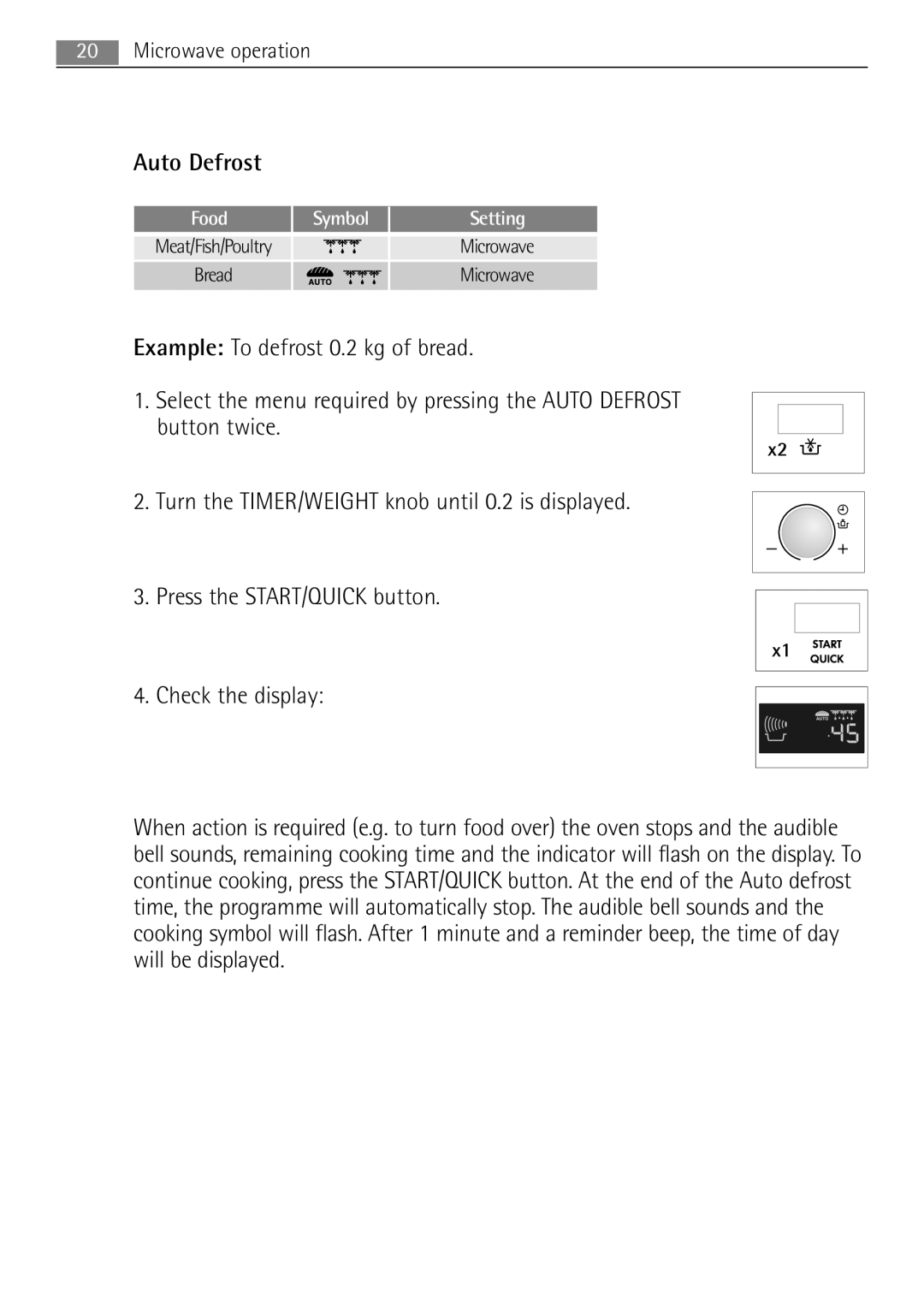 AEG MCD2662E user manual Auto Defrost, Example: To defrost 0.2 kg of bread, Press the START/QUICK button, Check the display 