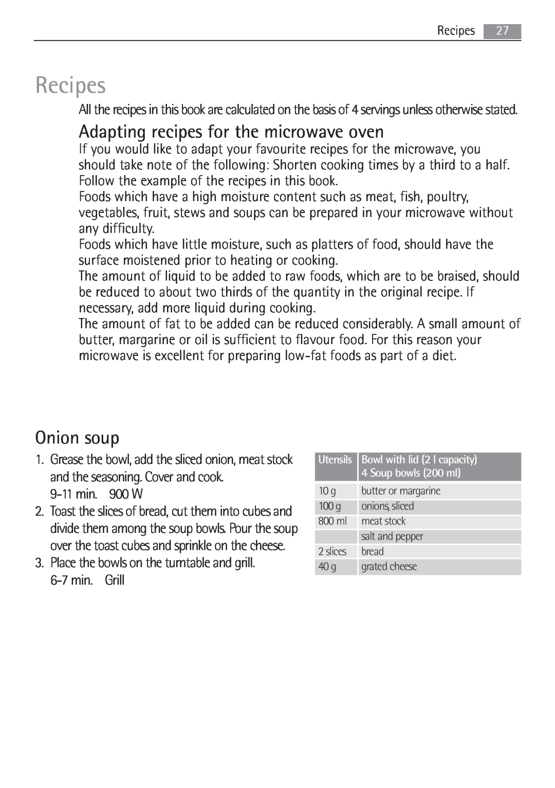 AEG MCD2662E user manual Recipes, Adapting recipes for the microwave oven, Onion soup 