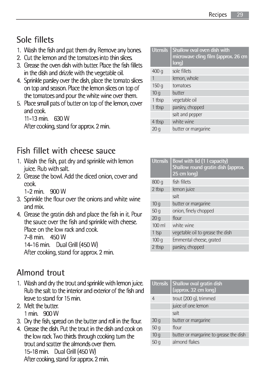 AEG MCD2662E user manual Sole fillets, Fish fillet with cheese sauce, Almond trout 