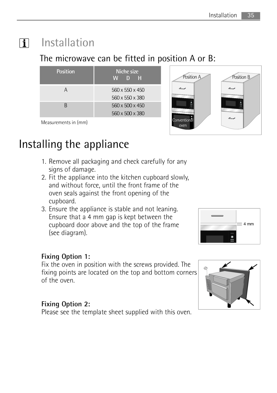 AEG MCD2662E Installation, Installing the appliance, The microwave can be fitted in position A or B, Fixing Option 