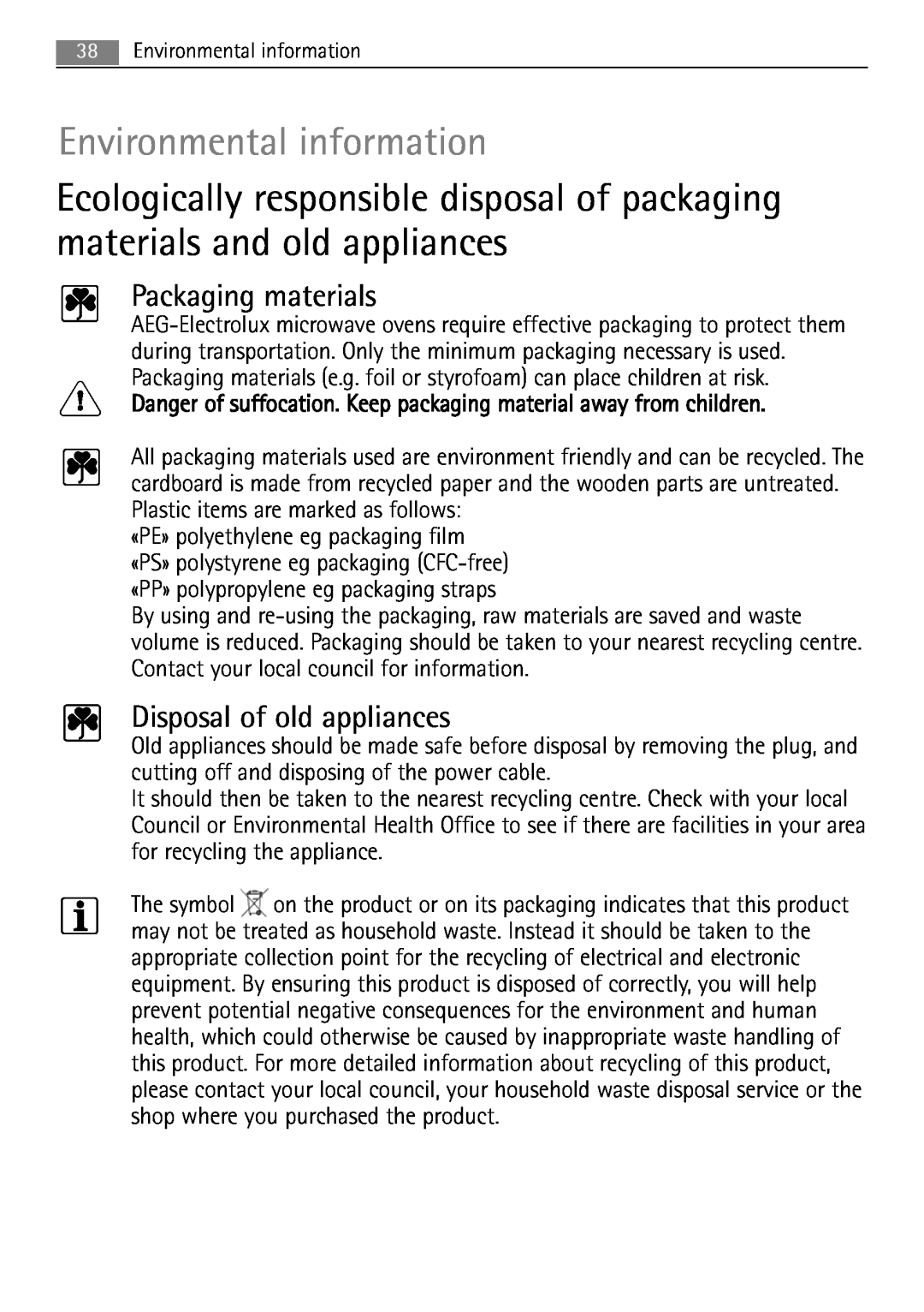 AEG MCD2662E user manual Environmental information, Packaging materials, Disposal of old appliances 
