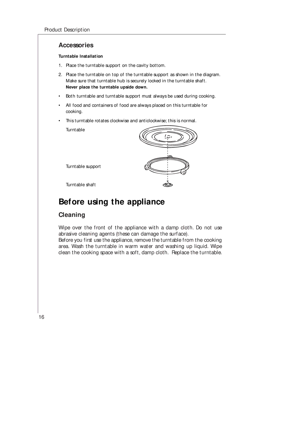 AEG MCD_274 manual Before using the appliance, Accessories, Cleaning, Turntable Installation 