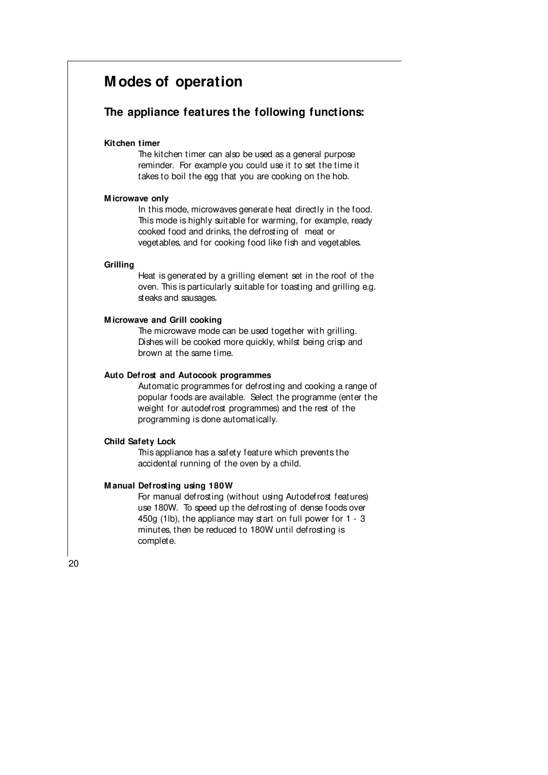 AEG MCD_274 manual Modes of operation, Appliance features the following functions 