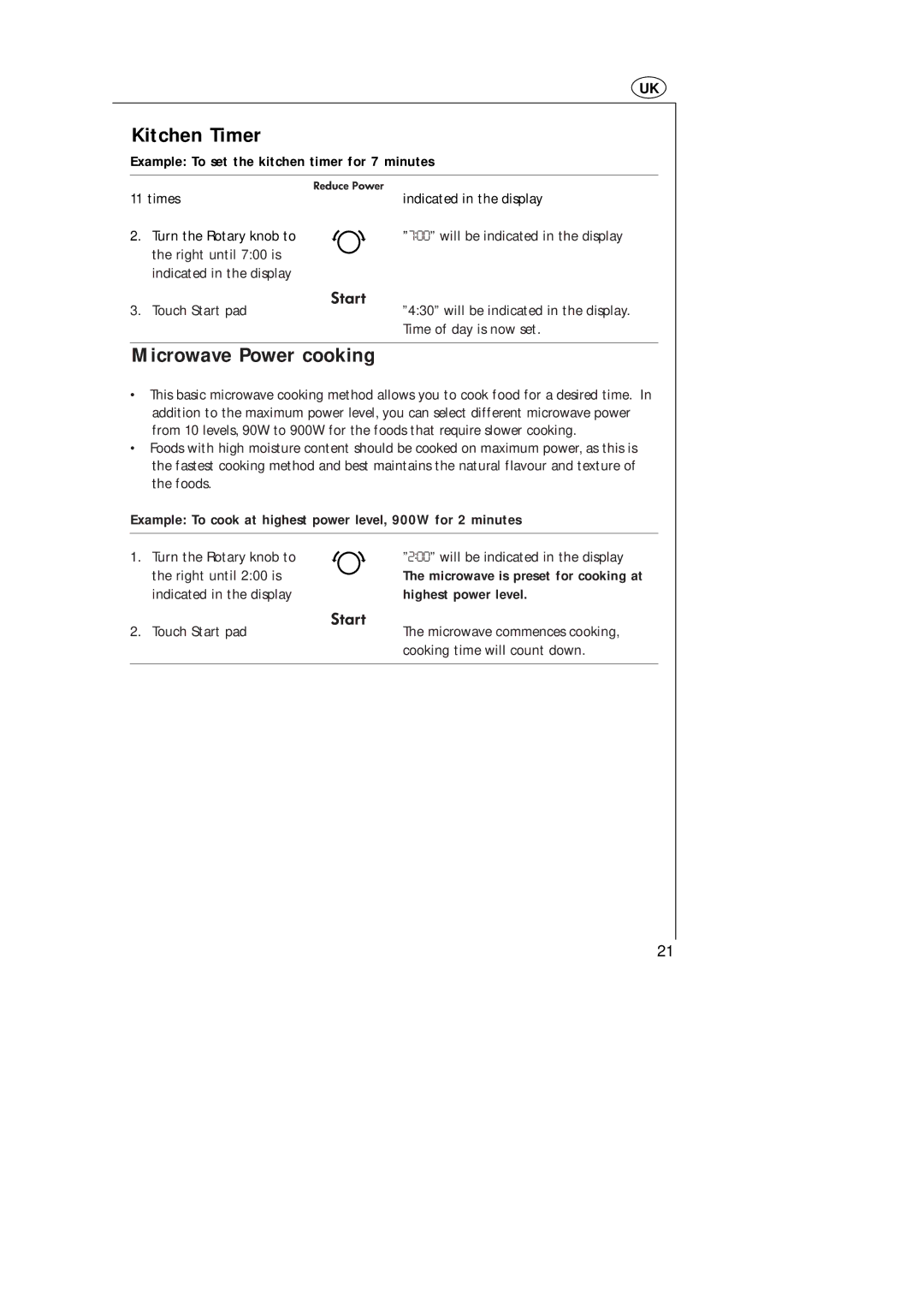 AEG MCD_274 Kitchen Timer, Microwave Power cooking, Example To set the kitchen timer for 7 minutes, Highest power level 