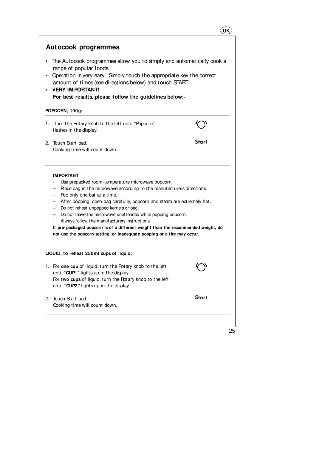 AEG MCD_274 manual Autocook programmes, For best results, please follow the guidelines below, POPCORN, 100g 