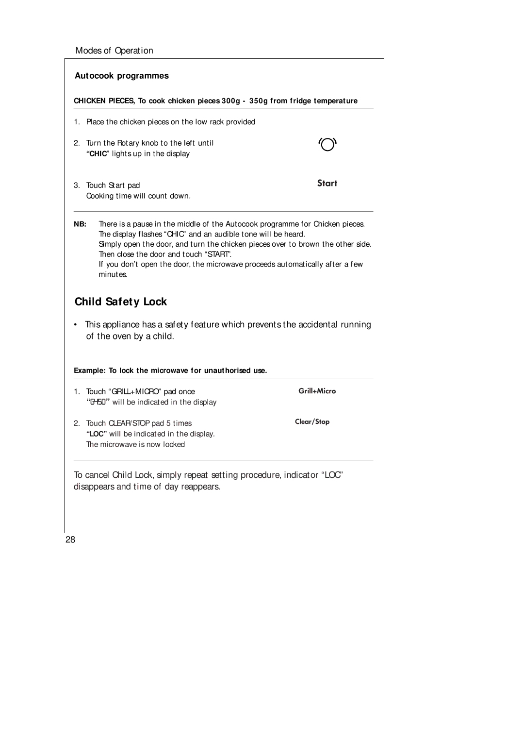 AEG MCD_274 manual Child Safety Lock, Example To lock the microwave for unauthorised use 