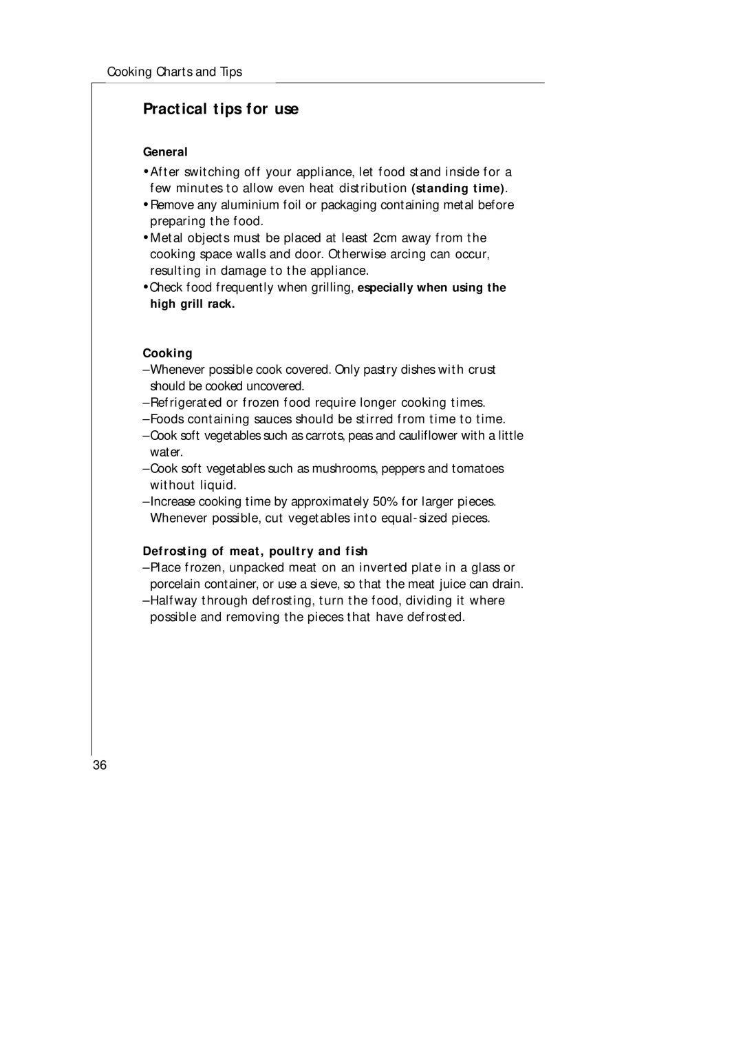 AEG MCD_274 manual Practical tips for use, General, Cooking, Defrosting of meat, poultry and fish 