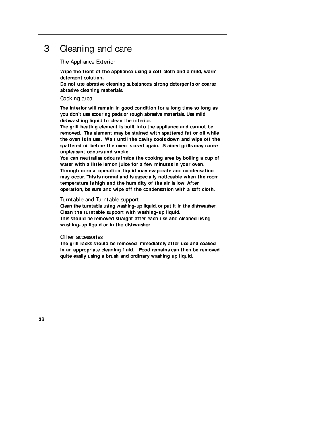 AEG MCD_274 manual Cleaning and care, Appliance Exterior, Cooking area, Turntable and Turntable support, Other accessories 