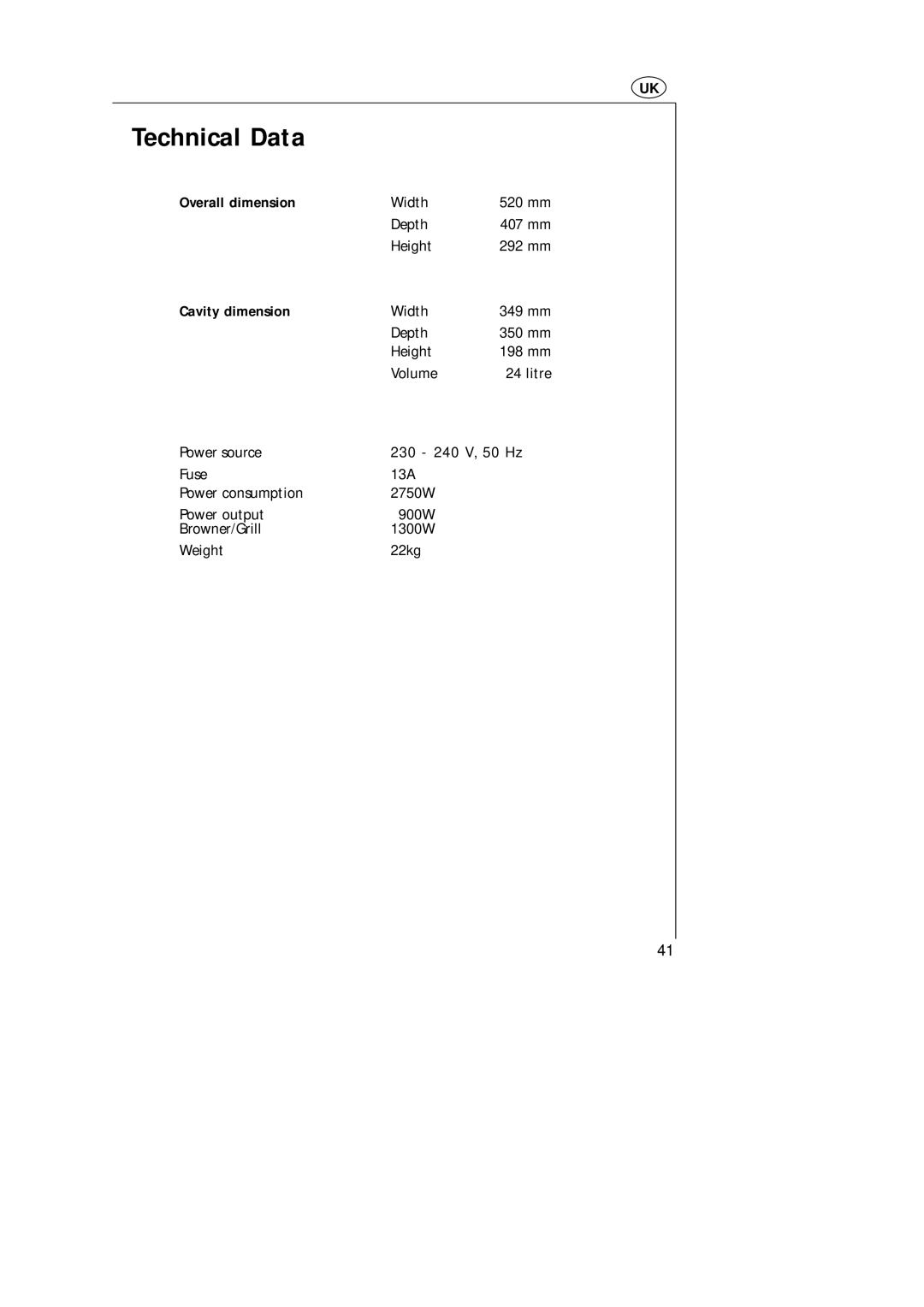 AEG MCD_274 manual Technical Data, Overall dimension, Cavity dimension 