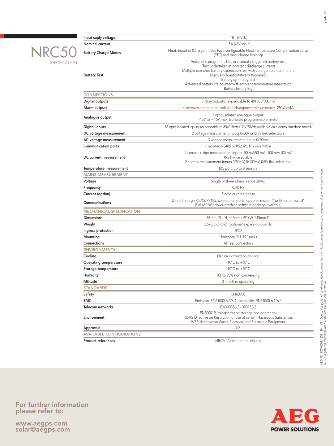 AEG NRC50 Connections, Mains Measurement, Mechanical Specification, Environmental, Standards, Available Configurations 