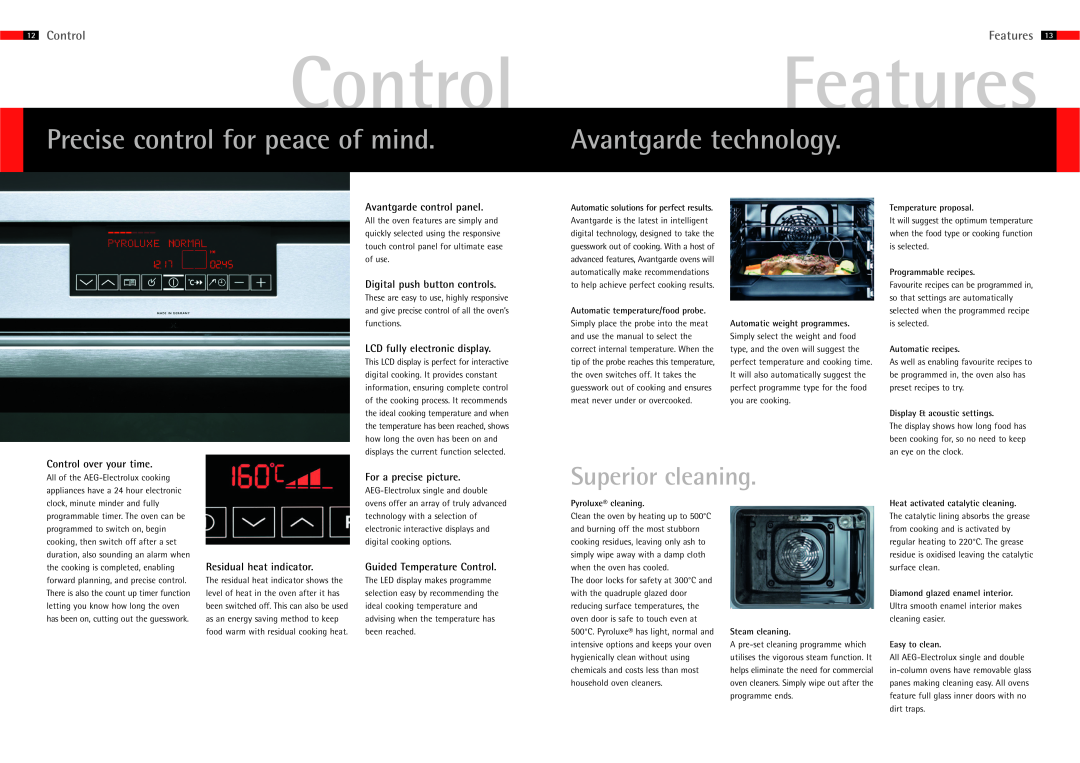 AEG Ovens manual Precise control for peace of mind, Avantgarde technology, Superior cleaning, Control, Features 