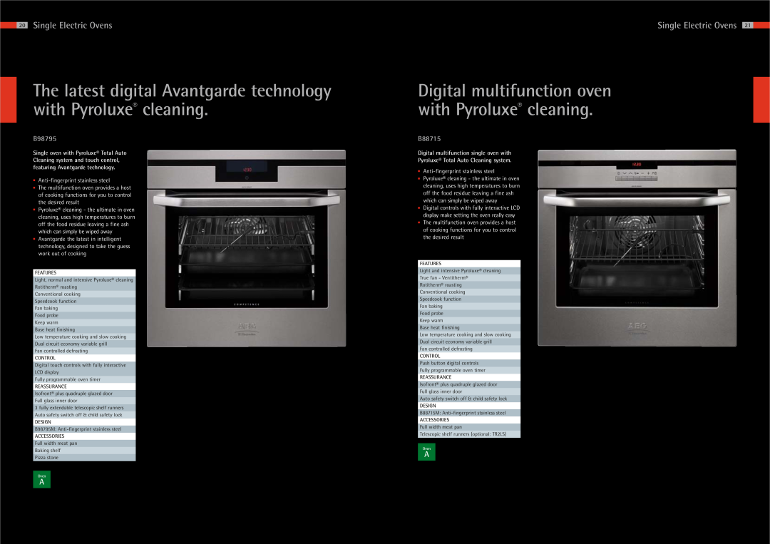 AEG manual Digital multifunction oven with Pyroluxe cleaning, Single Electric Ovens, B98795, B88715 
