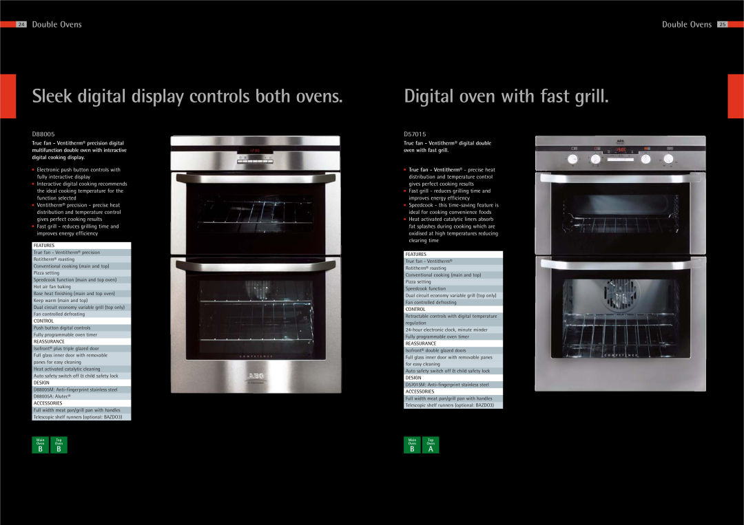 AEG manual Digital oven with fast grill, Double Ovens, Sleek digital display controls both ovens, B Bb A, D88005, D57015 