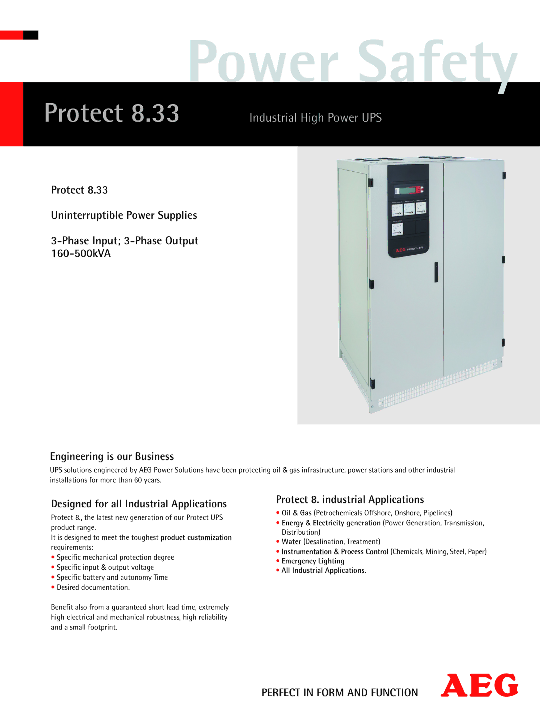 AEG 160-500kVA, Protect 8.33 manual Engineering is our Business, Designed for all Industrial Applications 