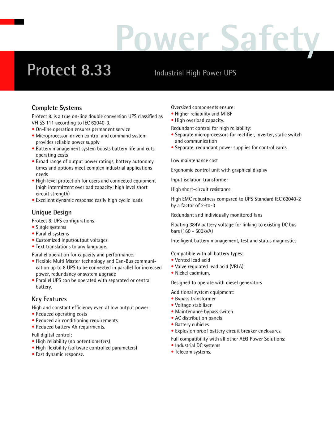 AEG Protect 8.33, 160-500kVA manual Complete Systems, Unique Design, Key Features 