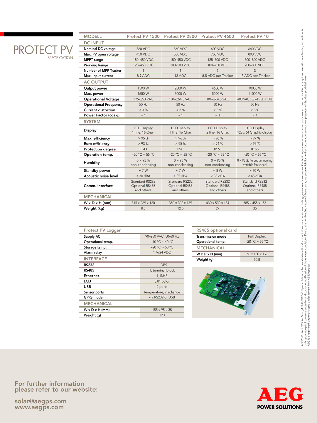 AEG Protect PV 10, Protect PV 4600, Protect PV 2800 manual Modell, DC Input, AC Output, System, Mechanical, Interface 