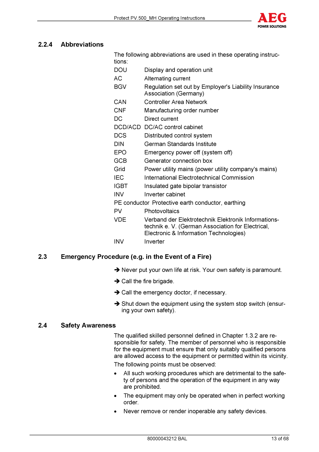 AEG PV.500-MH manual Abbreviations, Emergency Procedure e.g. in the Event of a Fire, Safety Awareness 