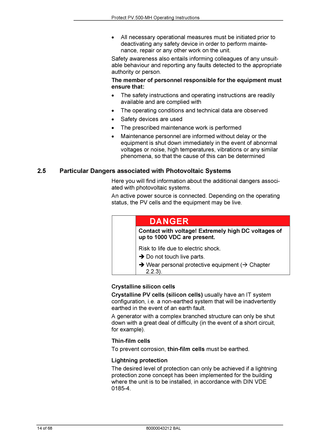 AEG PV.500-MH manual Particular Dangers associated with Photovoltaic Systems, Thin-film cells, Lightning protection 