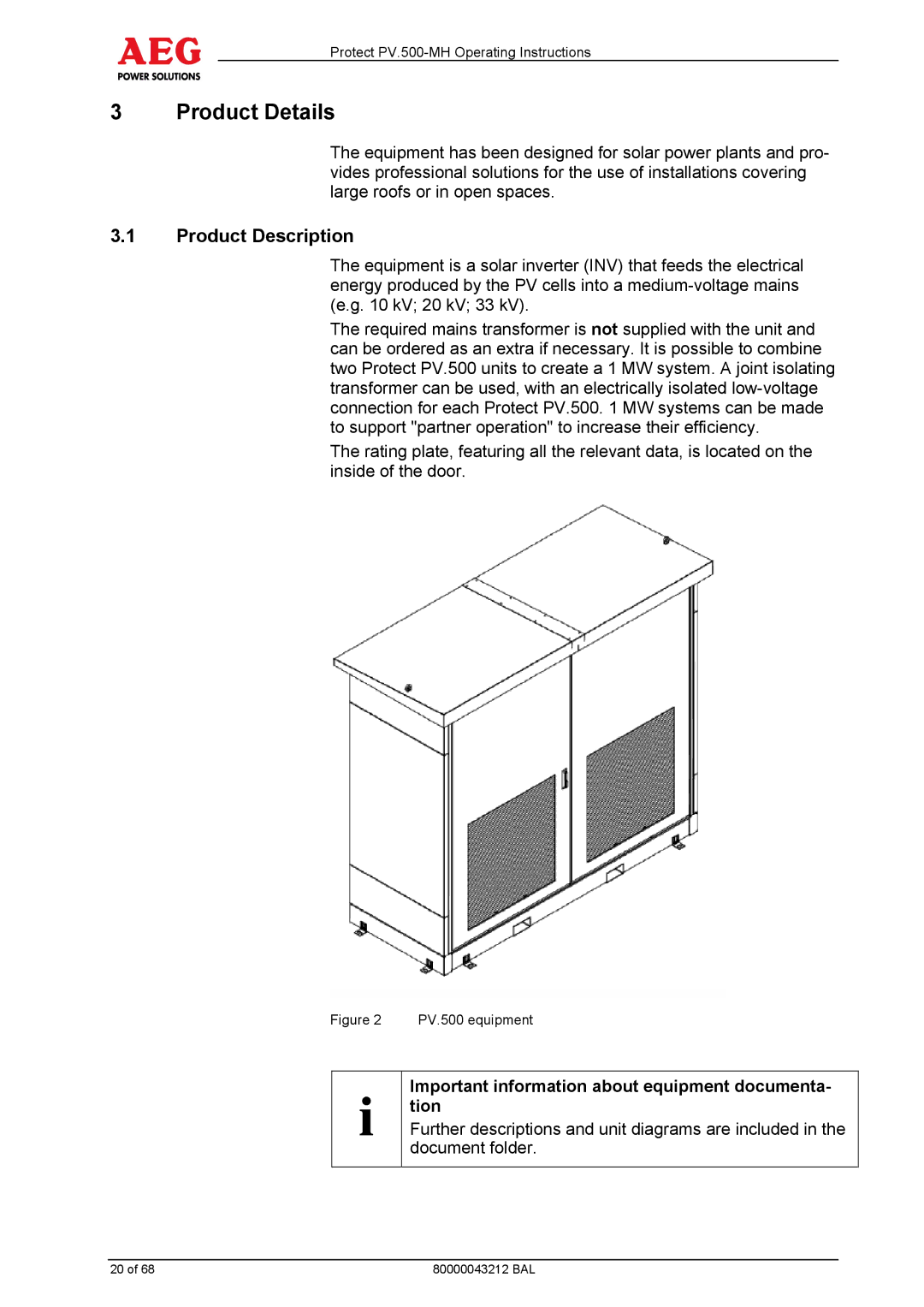 AEG PV.500-MH manual Product Details, Product Description, Important information about equipment documenta- tion 