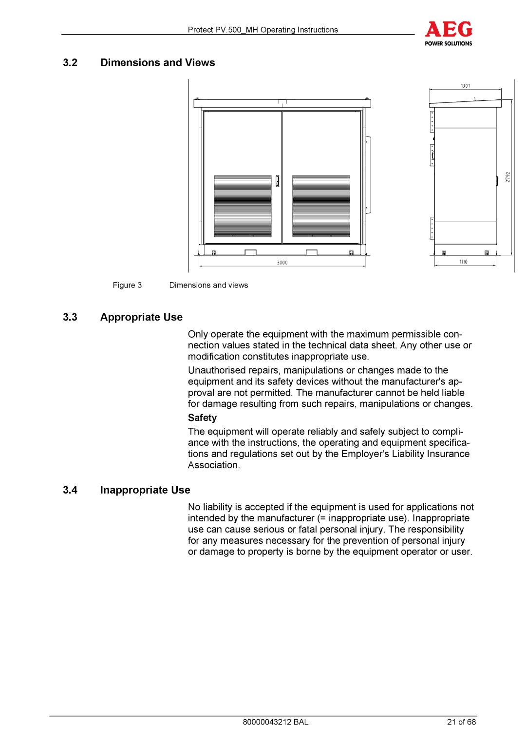 AEG PV.500-MH manual Dimensions and Views, Appropriate Use, Inappropriate Use, Safety 