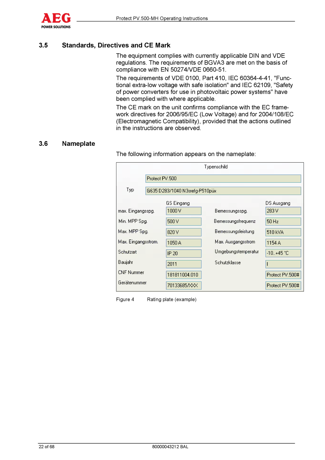 AEG PV.500-MH manual Standards, Directives and CE Mark, Nameplate 