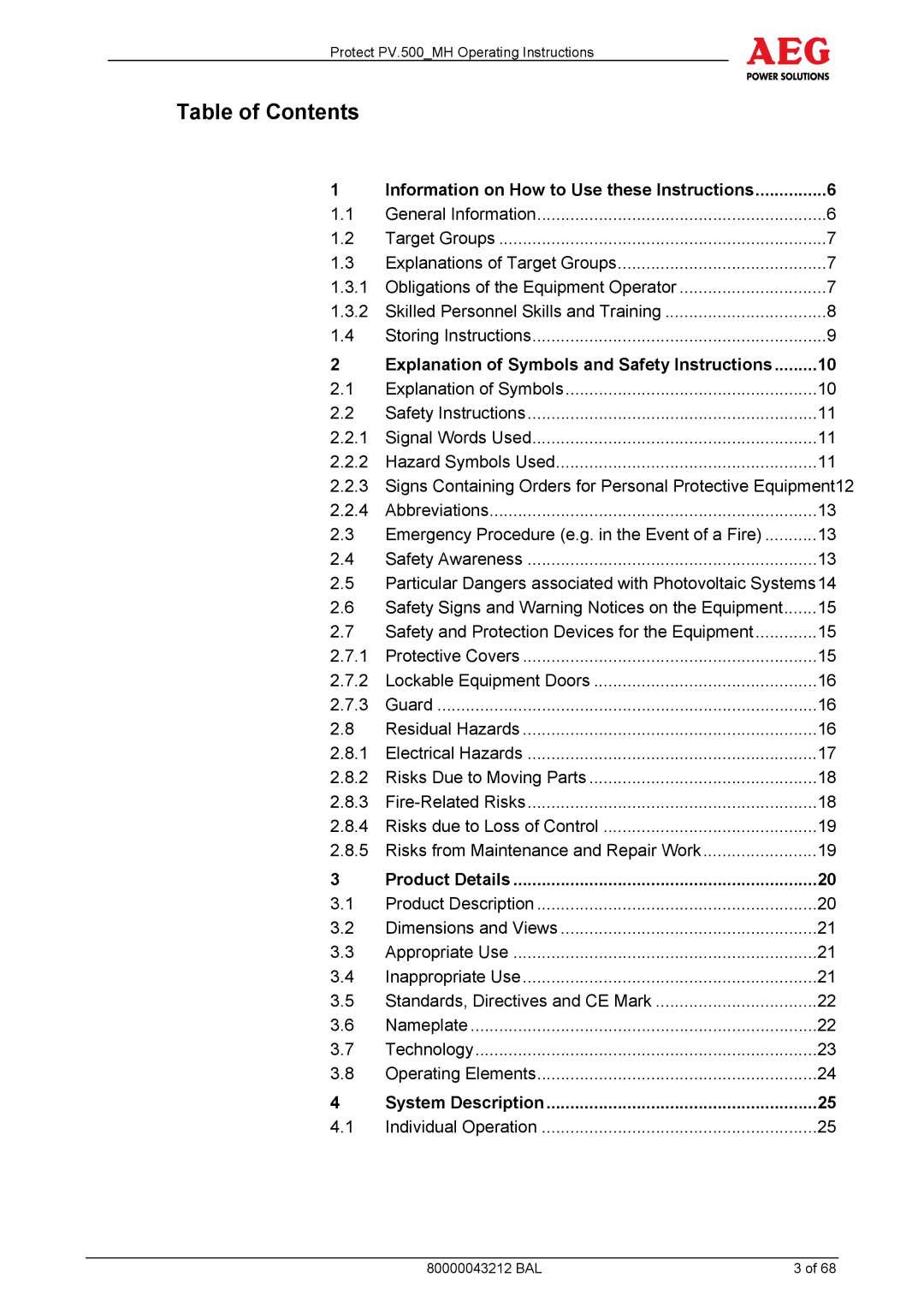 AEG PV.500-MH manual Table of Contents 