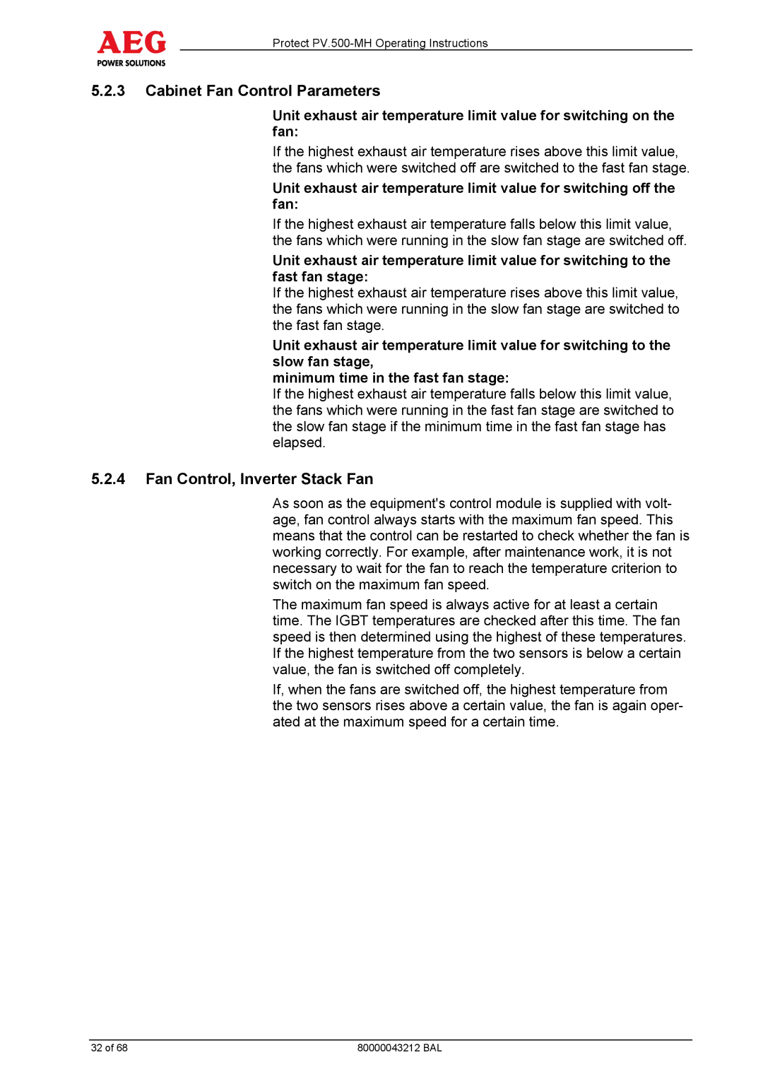 AEG PV.500-MH manual Cabinet Fan Control Parameters, Fan Control, Inverter Stack Fan 