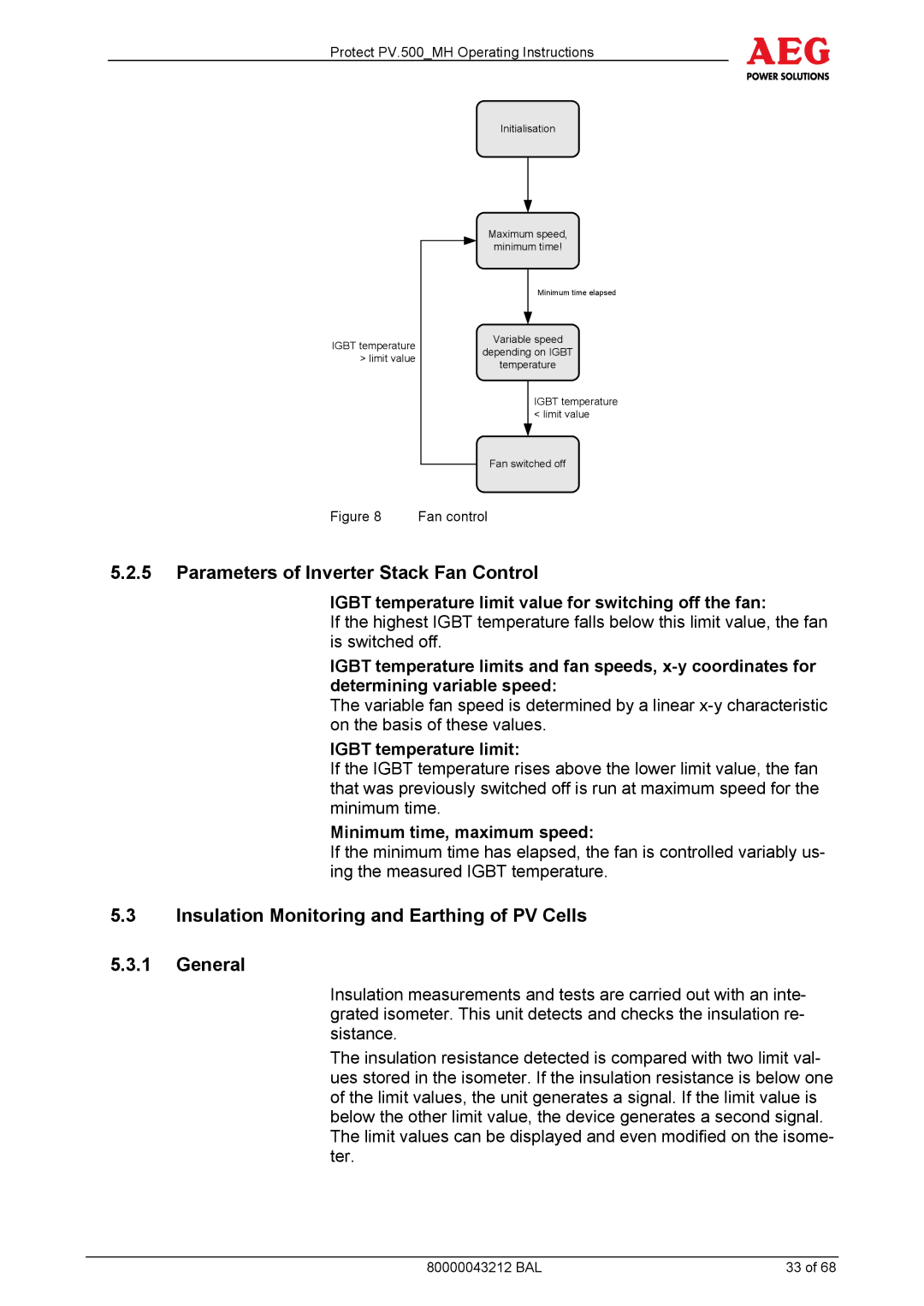 AEG PV.500-MH manual Parameters of Inverter Stack Fan Control, Insulation Monitoring and Earthing of PV Cells General 