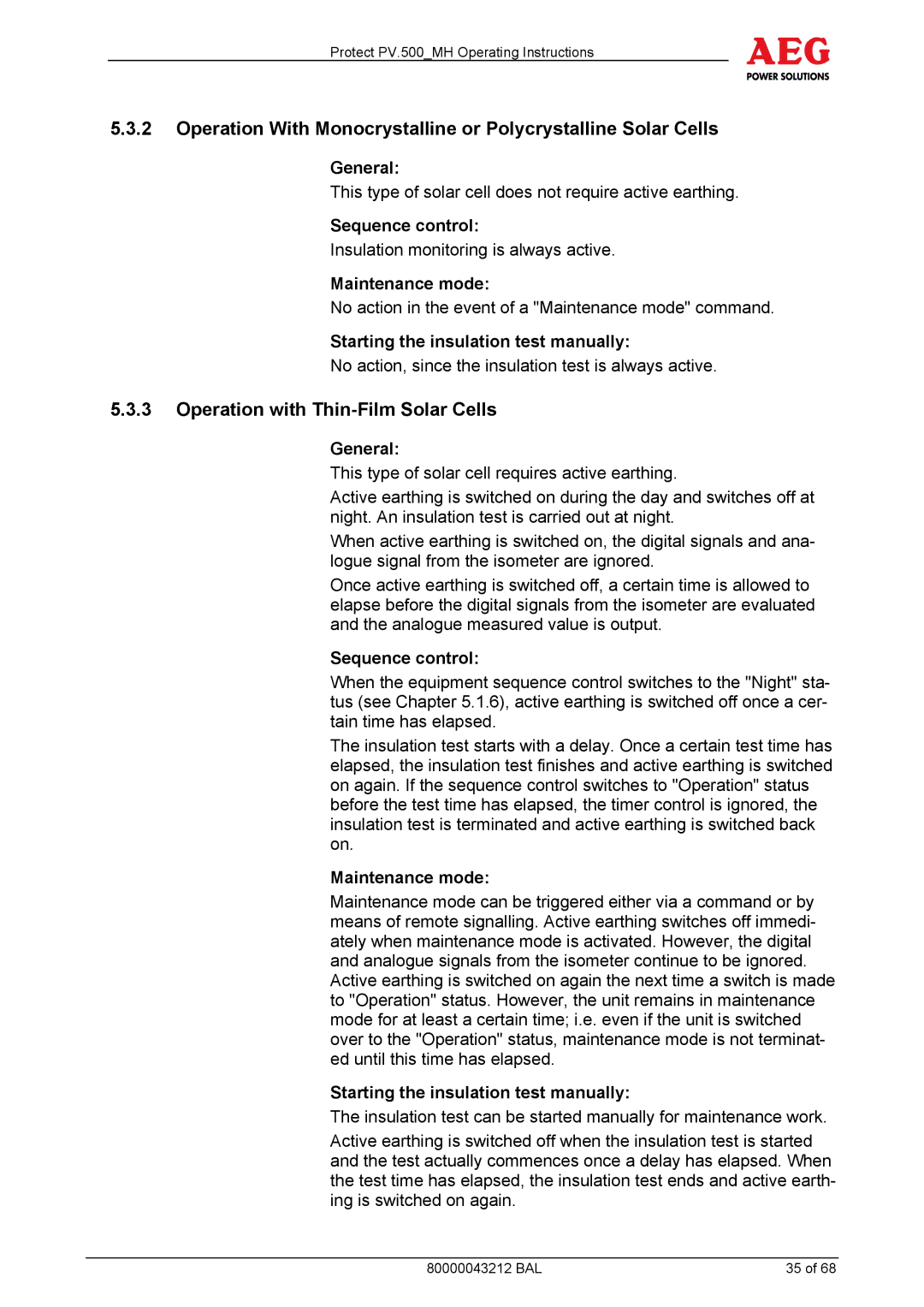 AEG PV.500-MH manual Operation with Thin-Film Solar Cells, General, Sequence control, Maintenance mode 