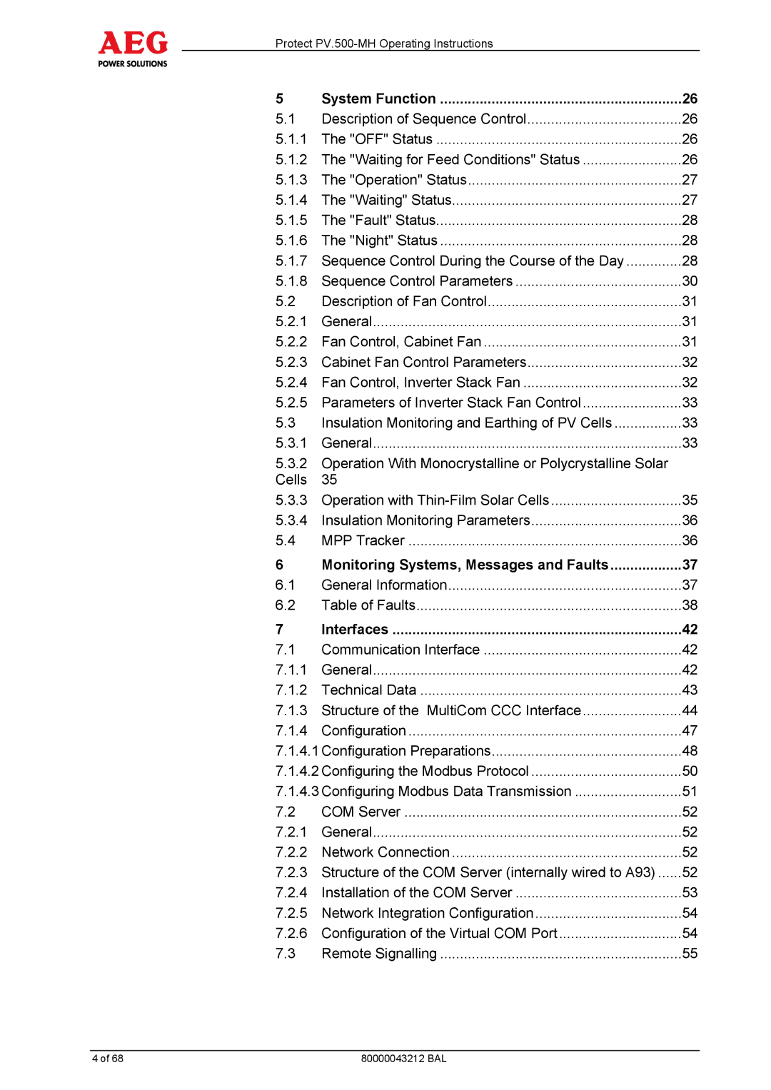 AEG PV.500-MH manual System Function, Monitoring Systems, Messages and Faults, Interfaces 