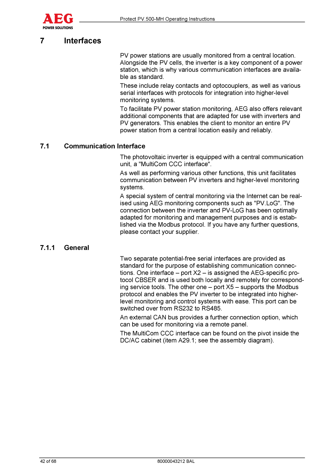 AEG PV.500-MH manual Interfaces, Communication Interface 