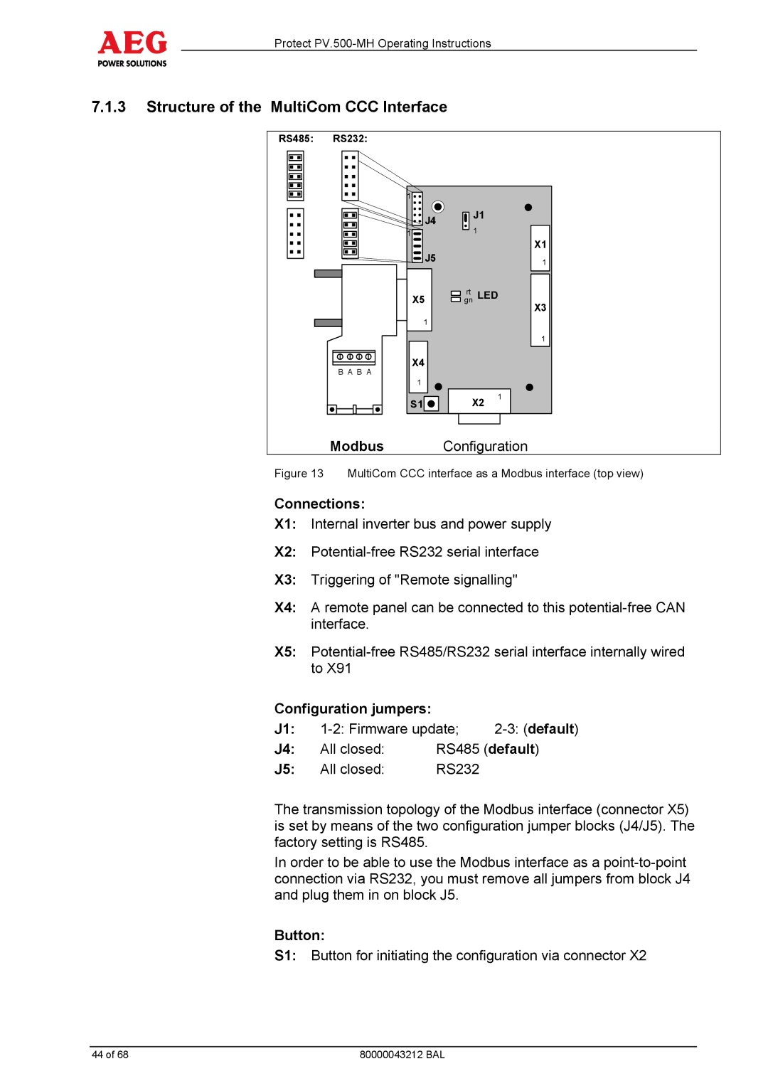 AEG PV.500-MH manual Structure of the MultiCom CCC Interface, Connections, Configuration jumpers, Button 