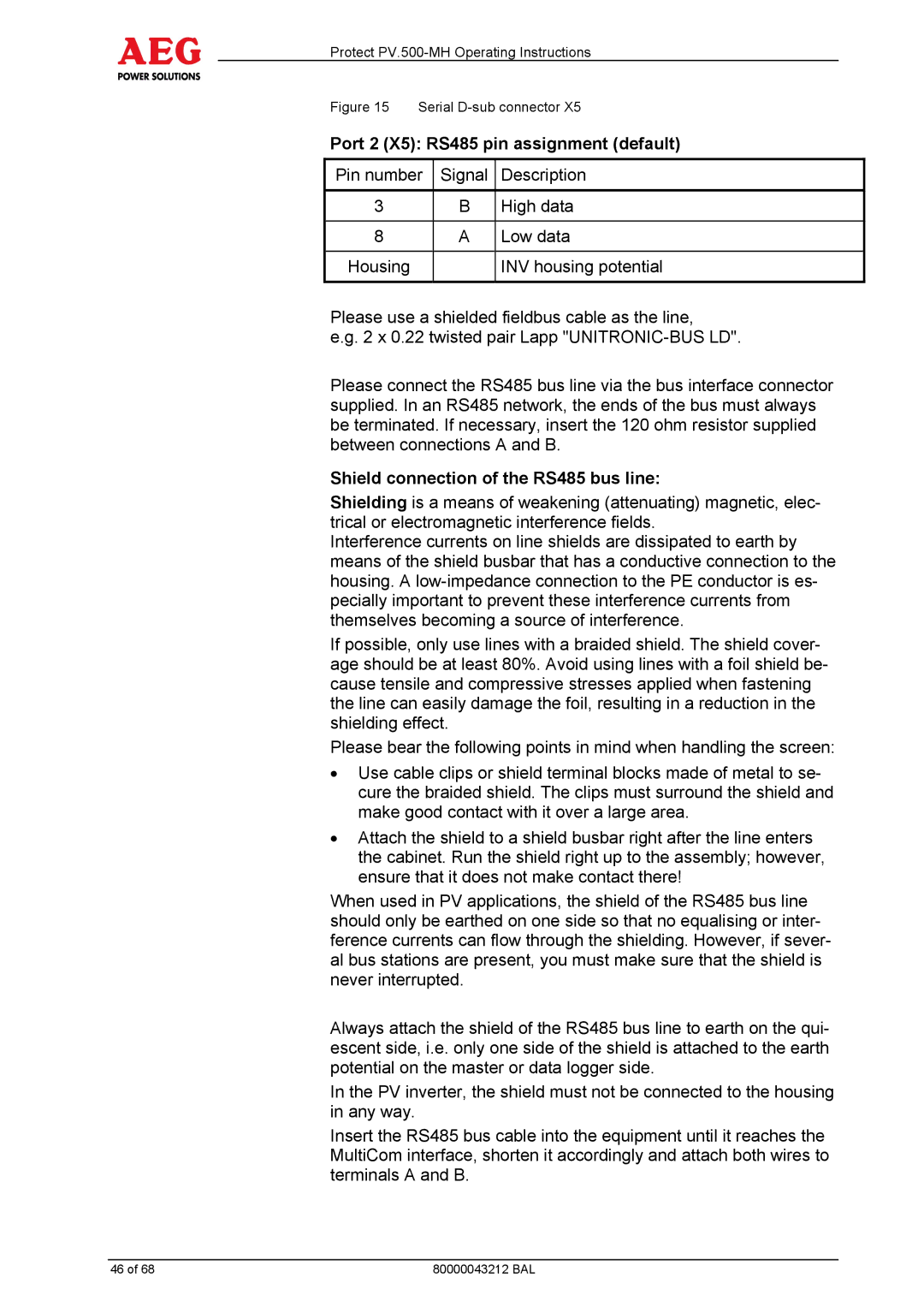 AEG PV.500-MH manual Port 2 X5 RS485 pin assignment default, Shield connection of the RS485 bus line 